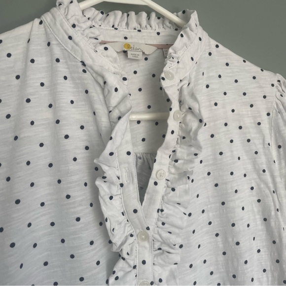 Boden Polka Dot Ruffle Front White Black Long Sleeve Jersey Top - Picture 4 of 12